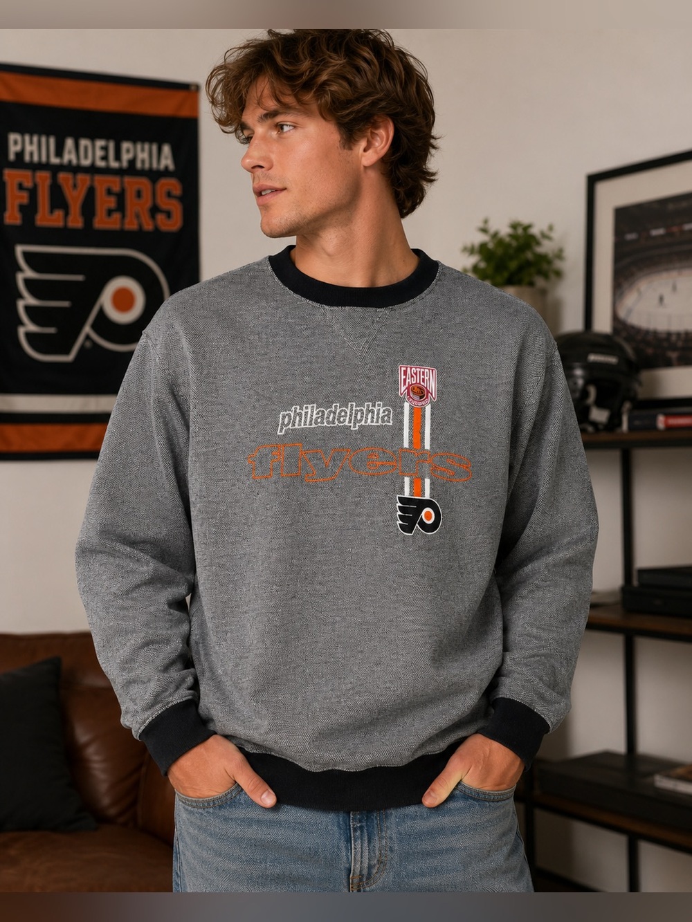 Vintage Philadelphia Flyers Logo Athletic NHL Crewneck Sweatshirt Gray Medium